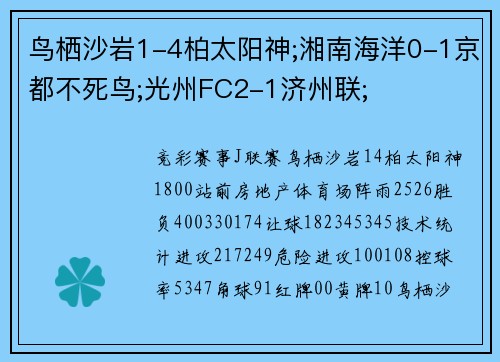 鸟栖沙岩1-4柏太阳神;湘南海洋0-1京都不死鸟;光州FC2-1济州联;